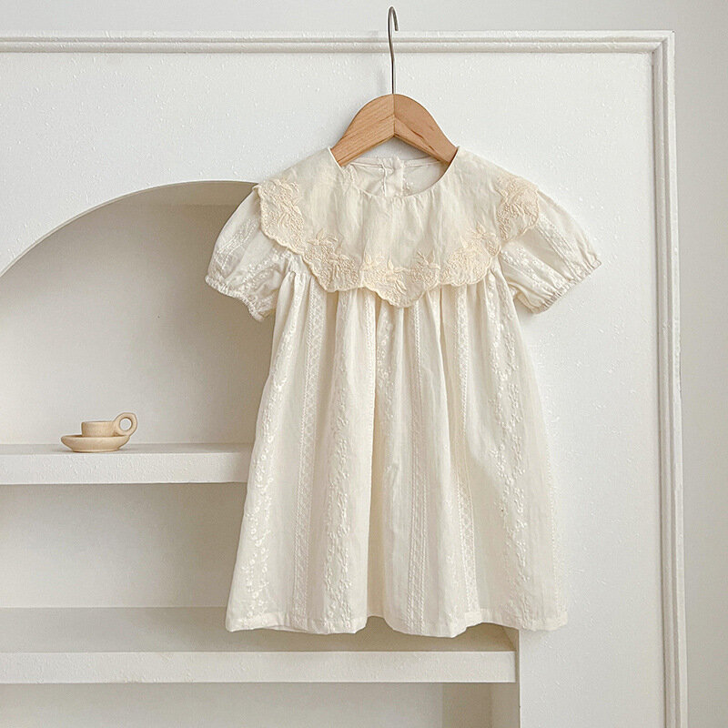Fato de bodysuit bordado floral bebê, criança, meninas, algodão sólido, lapela grande, casual, manga curta, novo, verão