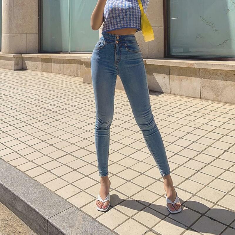 Women's Stretch Pencil Jeans Chic Two Buttons High Waist Skinny Pencil Jeans Lady Streetwear Casual Slim Denim Pants