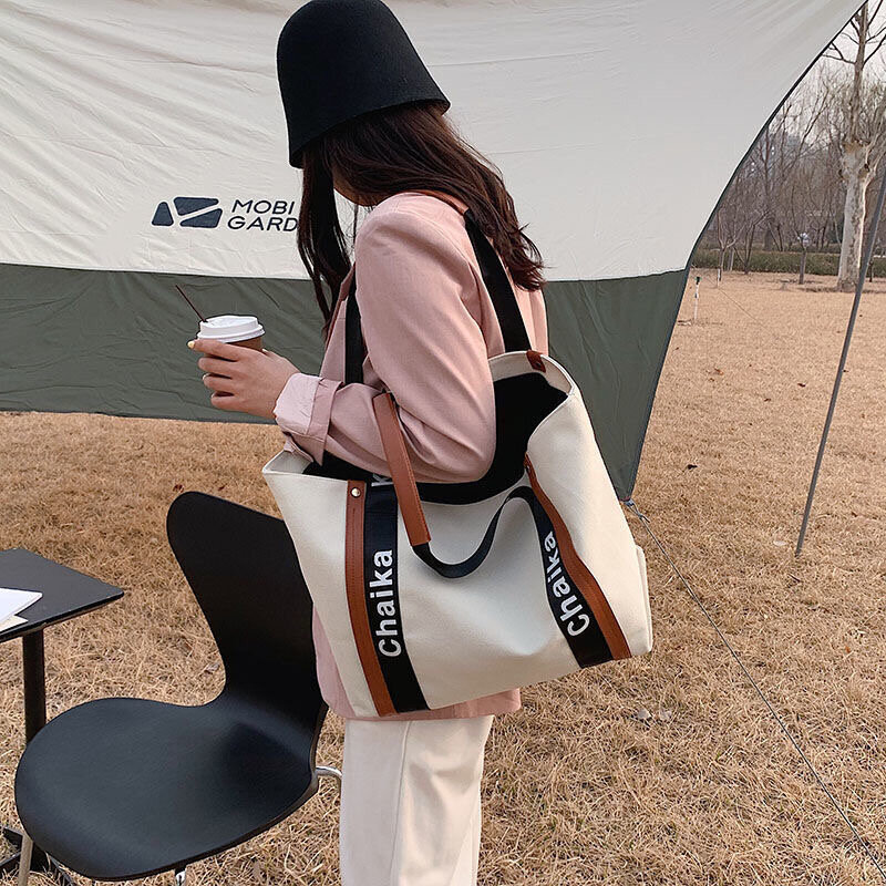 Tas Tote satu bahu pelajar, tas jinjing portabel kapasitas besar genggam berpergian