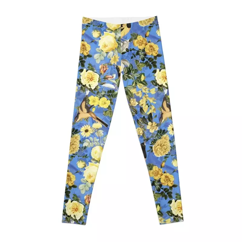 앤티크 블루 및 옐로우 식물 꽃 장미 정원 레깅스, 타이트한 피팅 여성용 푸시업 스타킹