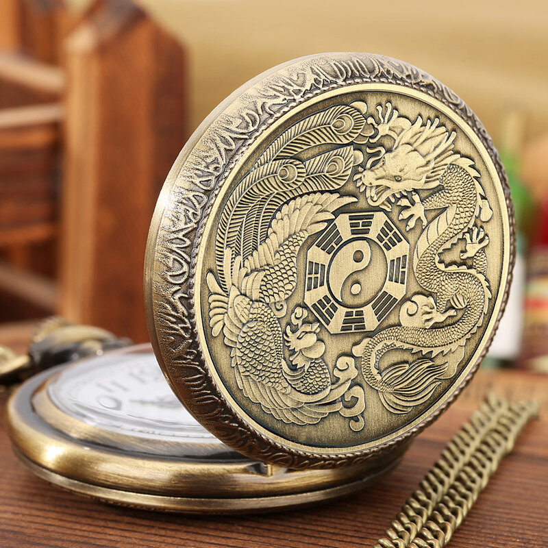 Collar de bronce de dragón y Fénix para hombre y mujer, colgante de estilo chino, reloj de bolsillo, amuleto de la suerte, regalos de mascota de la paz