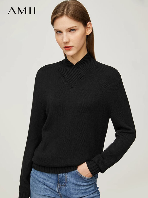 Amii minimalismo maglione invernale per donna elegante colletto alla coreana top lavorati a maglia allentati Office Lady maglioni di Cashmere Pullover 12120328