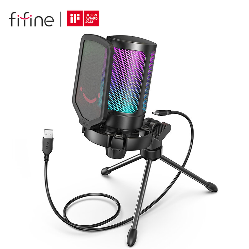 FIFINE Ampligame Microfone USB para streaming de jogos com filtro pop, suporte antichoque e controle de ganho, microfone condensador para PC/MAC -A6V