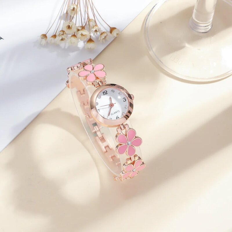 Relógio pulseira de quartzo flor de strass para mulheres, relógio bonito, analógico, couro PU, requintado, fofo, núcleo de fada, jóias para meninas
