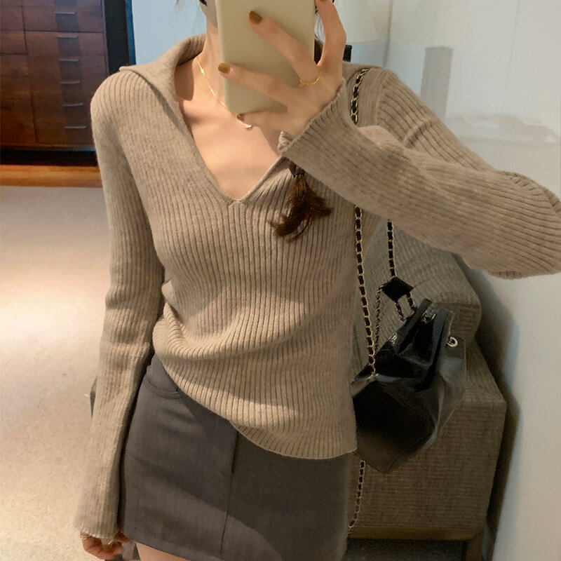 Suéter de malha de lapela feminino, blusa sexy com decote em v, manga longa, malha fina, saltos elegantes, outono, inverno, nova moda