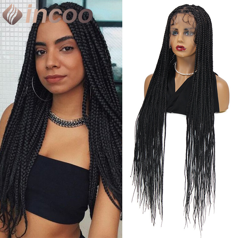 INCOO Box Braid Lace Frontal Wigs for Women 36 Inch Full Lace Knotless Random Part Braided Wig Synthetic Cornrow Lace Braids Wig