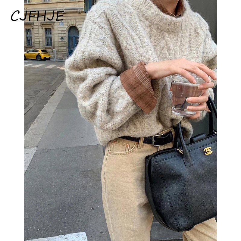 Cjfje-女性のためのシックなストリートウェアのニットセーター,ヴィンテージのオレンジ色のニットセーター,韓国のラウンドネックのオーバーオール,冬の基本的な厚手のニットウェア
