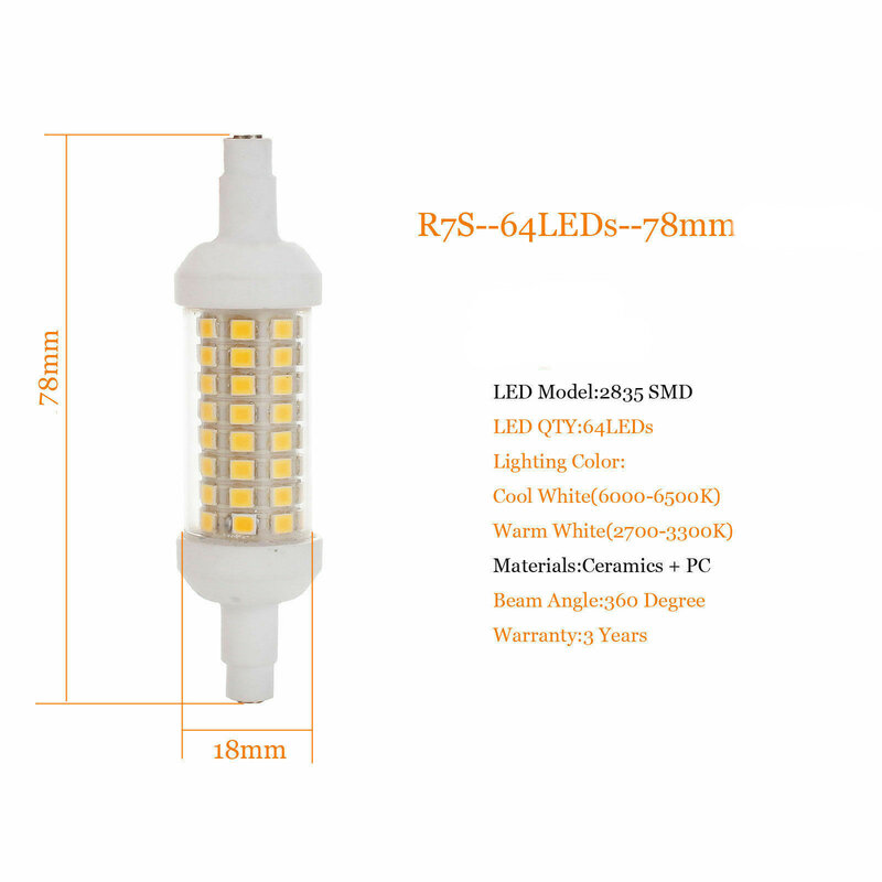Bombilla LED regulable R7s, foco de 220V, 78mm, 118mm, 135mm, 2835 SMD, reemplazo de luz halógena, sin parpadeo, 1 unidad