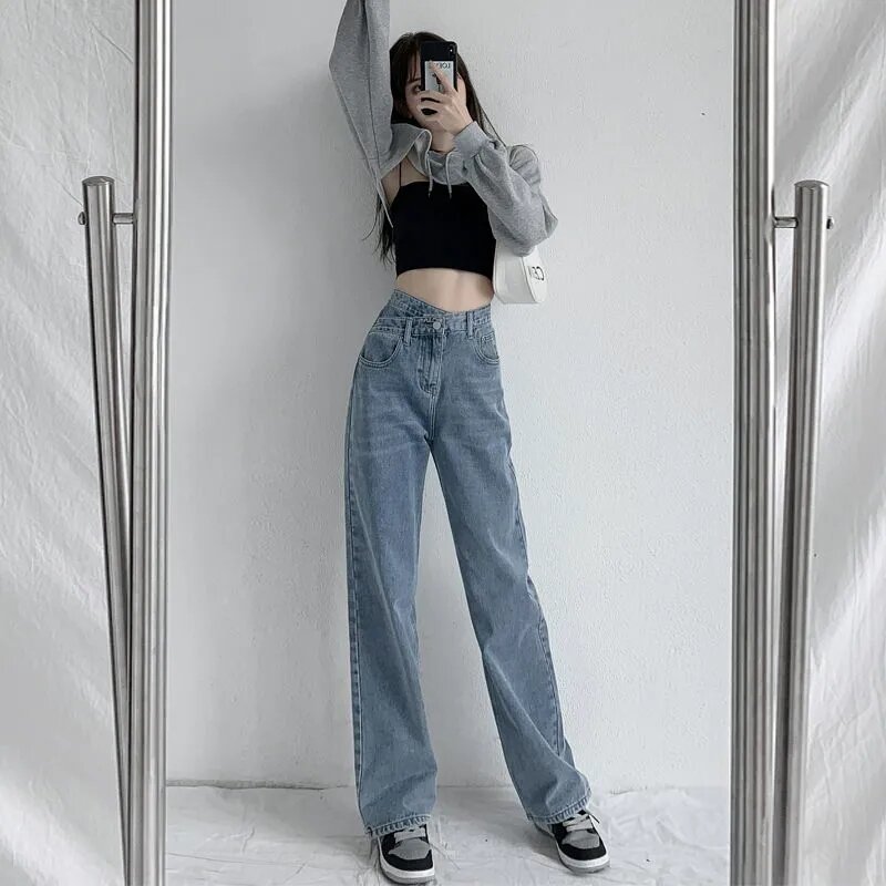 Moda Streetwear Perna Larga Jeans Para As Mulheres Primavera Outono Cintura Alta Baggy Vintage Vaqueros Coreano Casual Irregular Straight Pants
