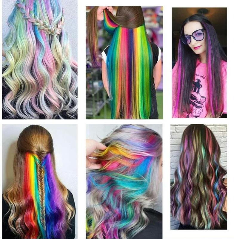 Rainbow Colored Hair Extensions 22Inch Synthetic Straight Highlight Ombre Color Clip In Fake HairPieces For Women Heat Resistant