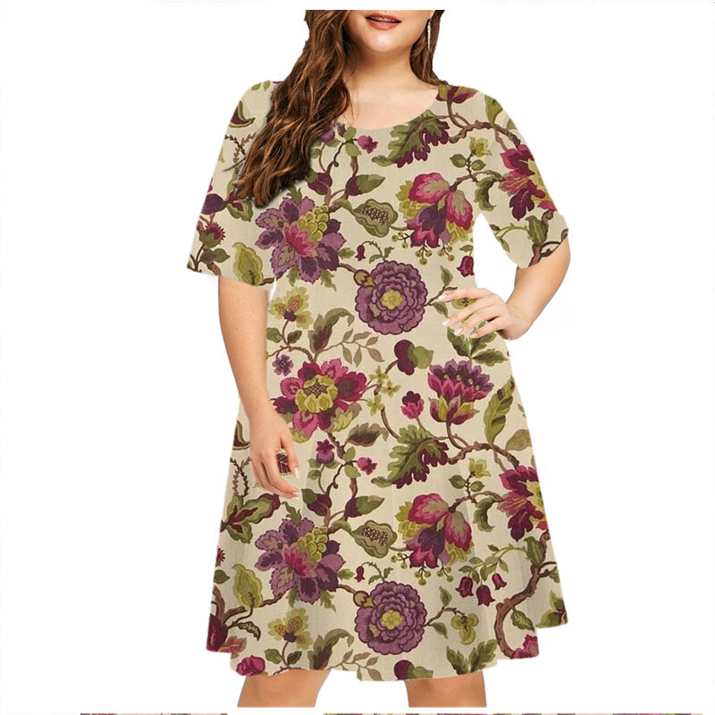 2023 Vintage Tie Dye fiori pianta stampa vestito donna Plus Size abiti estivi manica corta o-collo allentato Casual prendisole femminile
