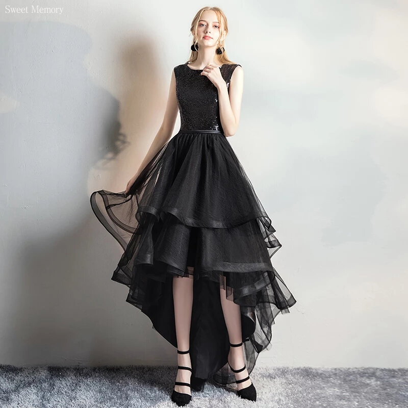 2024 Sweet Memory Little Black Dresses for Elegant O-neck Short Front Long Back Evening Dress Sequins Banquet Party Prom Robe