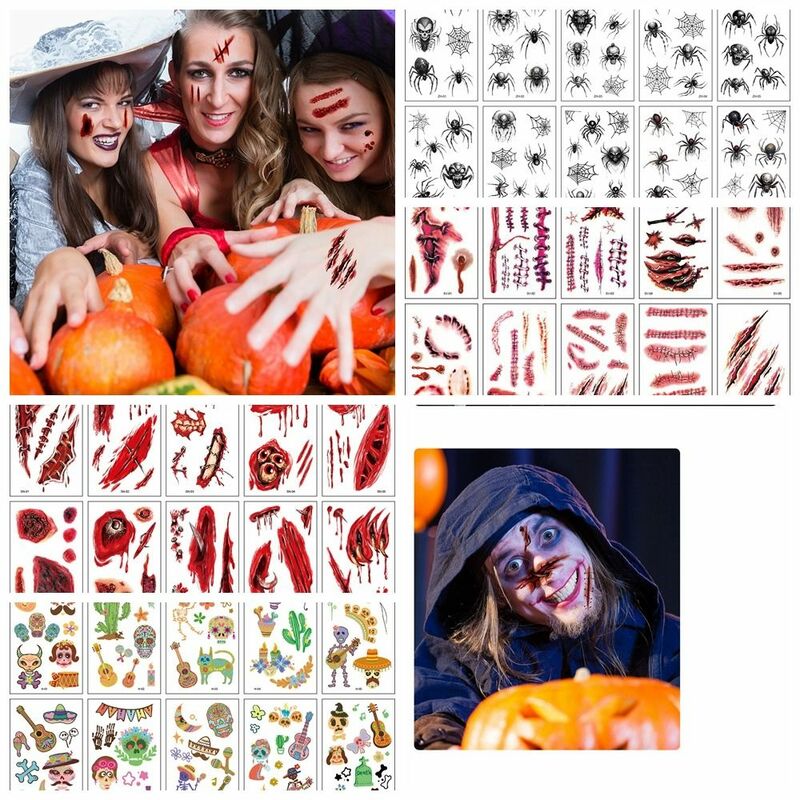 Juego de tatuajes temporales para Halloween, pegatinas de tatuaje con diseño de araña, parche facial realista, 10 hojas por juego