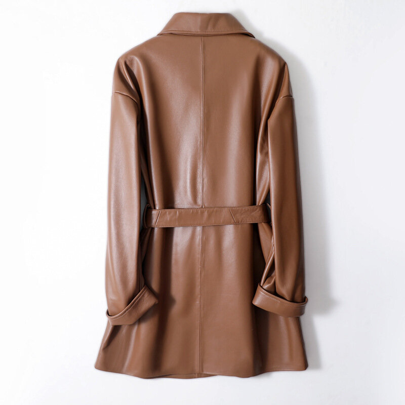 Manteau mi-long en cuir véritable pour femme, col imbibé de café, peau de mouton, ceinture, taille fine, printemps, automne