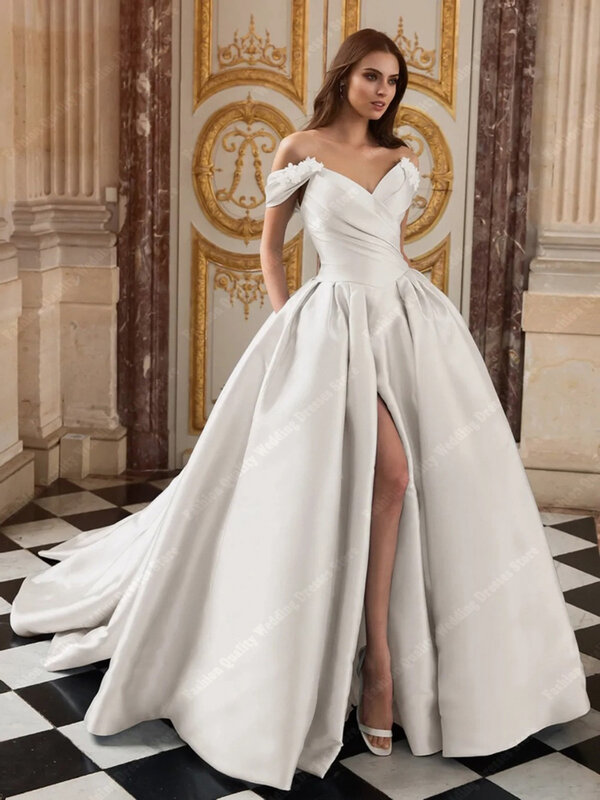 Vestidos de casamento cetim para mulheres, vestidos de noiva altos, elegantes e bonitos, linha A, de qualidade, princesa, 2024