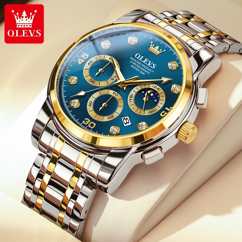 OLEVS Original Männer Uhr Quarz Chronograph mondphase Datum Leucht Wasserdichte Luxus Business Armbanduhr Quarzuhr für Männer