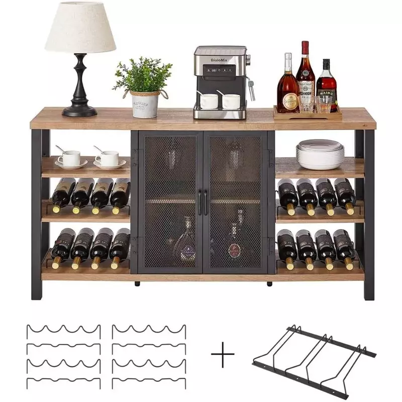 Armário industrial da barra do vinho para o licor e os vidros, a cremalheira do vinho, o aparador do metal e o armário do bufete, carvalho rústico, 55"