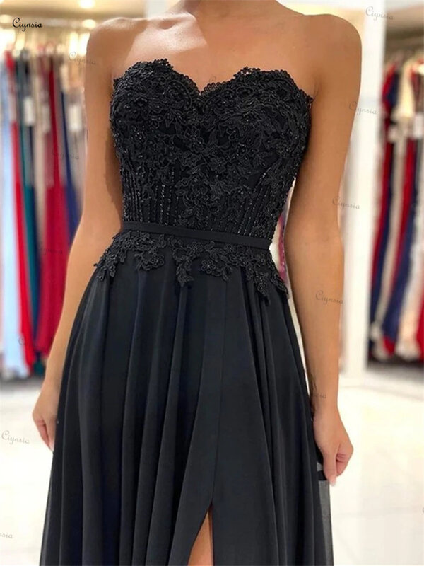 Ciynsia Sweetheart Black Lace Prom Dresses Long Appliques A-Line Formal Party Dress Chiffon Sexy Slit Evening Gowns