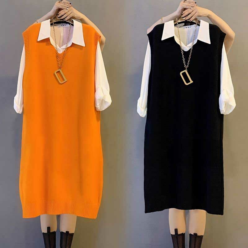 Fashion V-Neck Solid Color All-match Midi Dress Women's Clothing 2023 Autumn Winter Loose Knitted Commuter Casual Dresses
