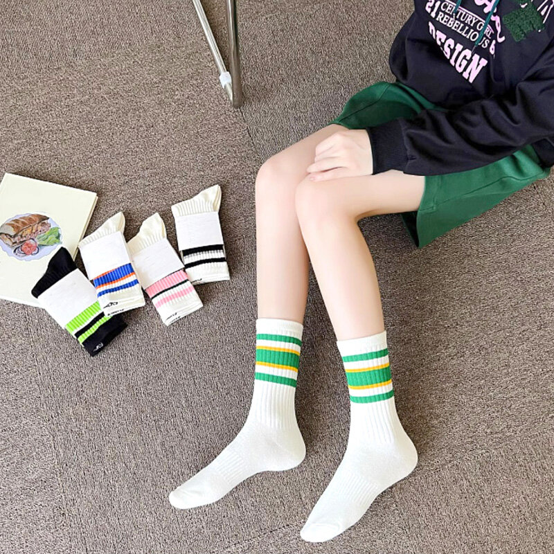 Elastic Striped Mid Tube Socks Y2k Sport Blocking Absorb Sweat Mid-calf Autumn Winter Knitted Wool Socks Breathable Couple Sock