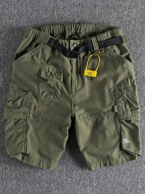 Verão novo americano retro cityboy calções de carga ao ar livre masculino puro algodão lavado casual multi-bolso 5 pontos calças com cinto