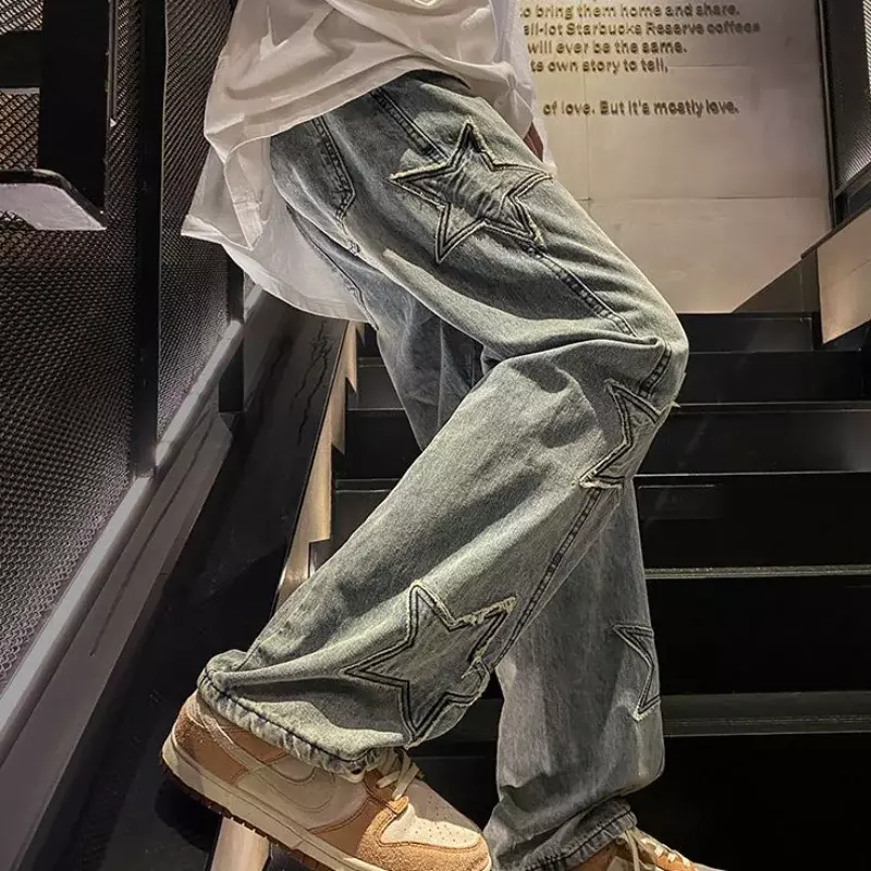 Calça de vaqueiro masculina reta estrela, jeans masculino tamanho grande, calça Kpop hip-hop, luxo lavada plus, original, tendência XS, 2024