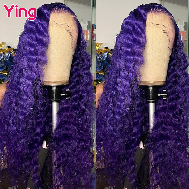 Ying 180% Wig keriting berwarna ungu 13x6 Wig renda depan 5x5 Wig renda Remy 13x4 Wig depan renda mulus dengan rambut bayi