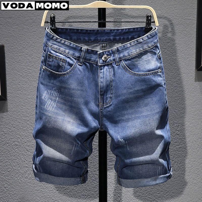 Calça jeans stretch casual masculina curta, jeans slim, azul, na altura do joelho, calça cortada, roupa masculina, verão, nova