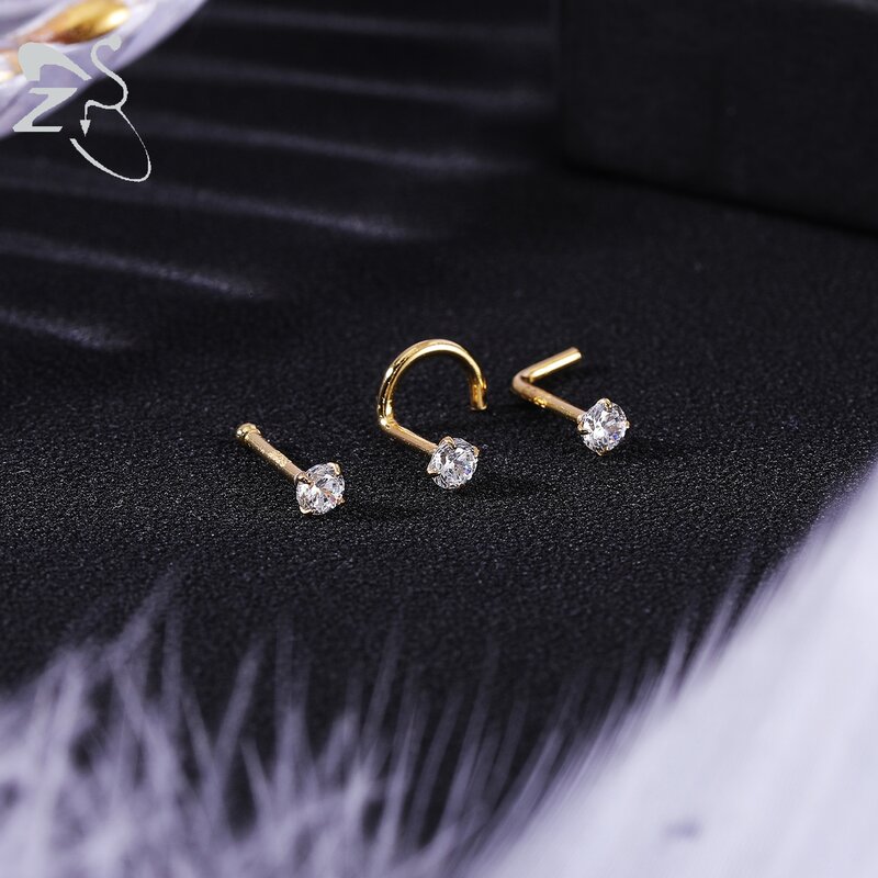 ZS 1PC 18/20G 925 Sterling Silver Nose Stud Gold Cor Cristal Nariz Piercings Parafuso L-Shape Retainer Nostril Piercing 2-3.5mm