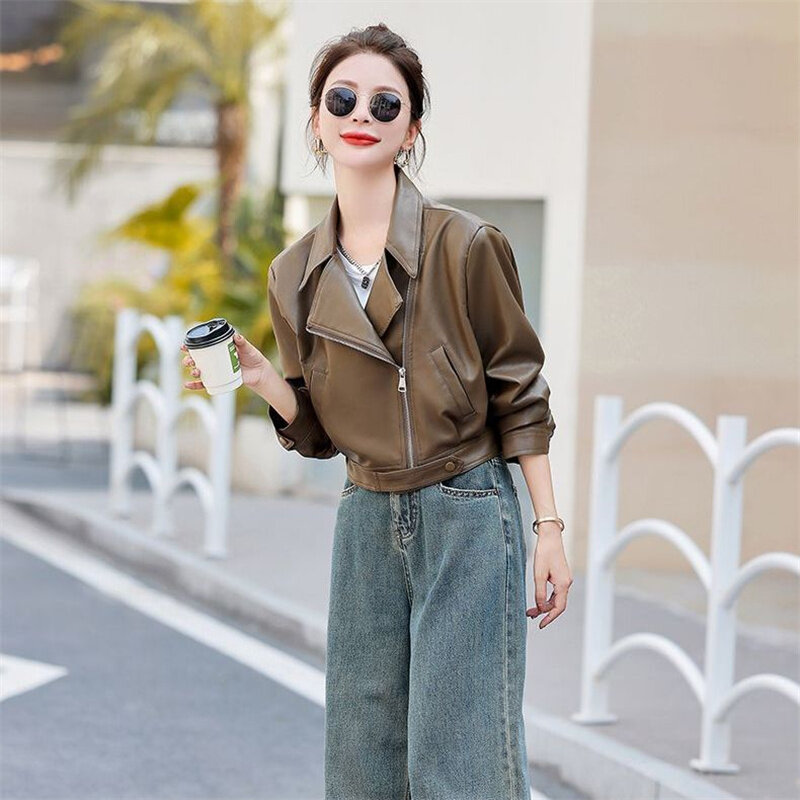 Autumn And Winter New Fashion Solid Color Zipper Female Short Motorcycle Loose Leisure Plus Velvet Padded Pu Leather Jacket Coat