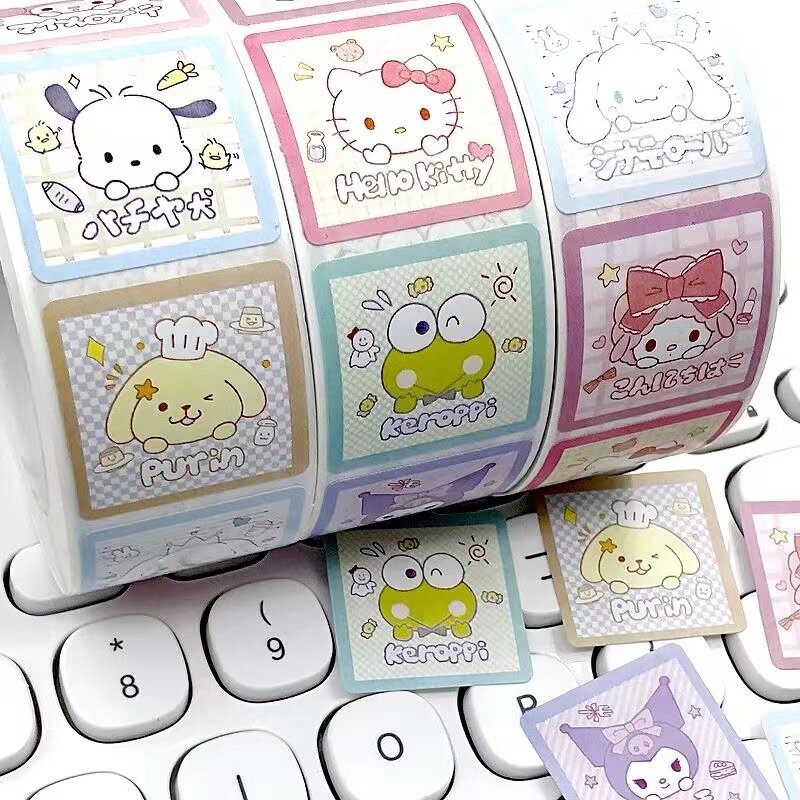 500 buah/gulungan stiker Sanrio Kawaii Kuromi Hello Kitty P Cinnamoroll kartun anak-anak hadiah stiker dekorasi mainan