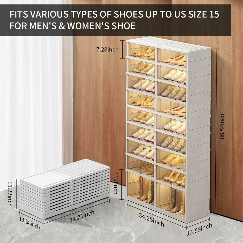 9-stufiger faltbarer Schuhregal-Organizer für Schrank 36 Paar Kunststoff-Schuh regal zusammen klappbare Schuhe Aufbewahrung sbox klare Schuhkartons