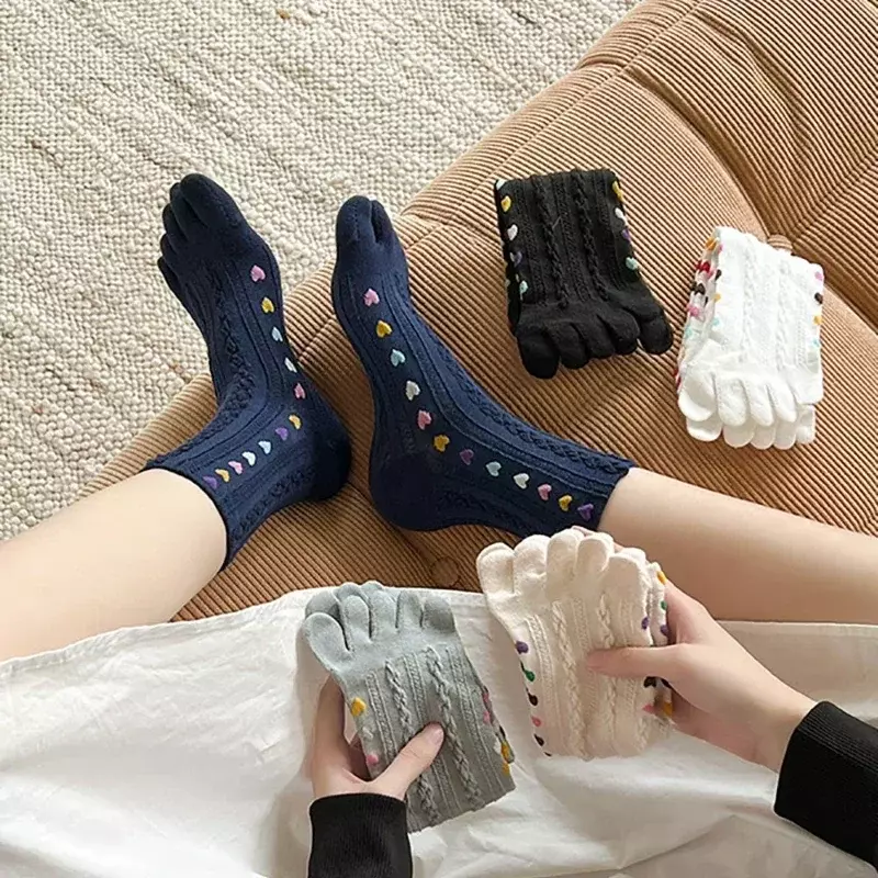 Ins Colorful Heart Braid Five Finger Socks For Women Spring Autumn Middle Tube Cotton Socks Breathable Crew Socks Streetwear