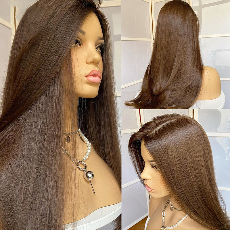 Soft Glueless 28 inch Brown Silky Straight 5x5 Silk Base Jewish Human Hair Wig With Baby Hair HD Lace European Hair Preplucked