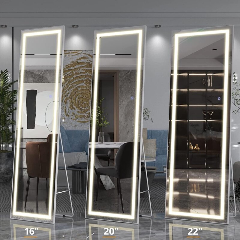 Espejo de piso con luces y soporte, montado en la pared, espejo de tocador de cuerpo completo iluminado con LED, atenuación y 3 modos de Color, blanco