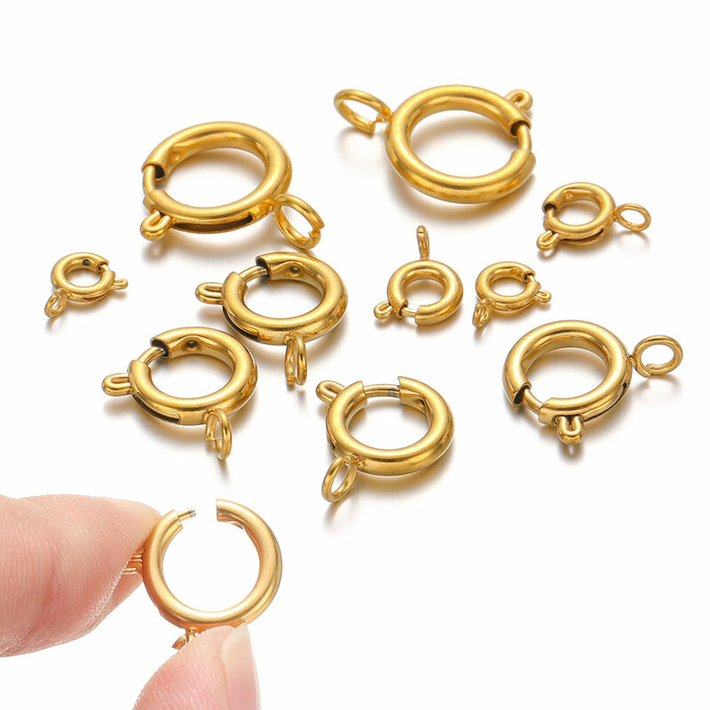 10 Buah Konektor Ujung Kait Jepit Baja Tahan Karat Kancing Pegas Lingkaran untuk Aksesori Pembuatan Perhiasan Jepit Kalung DIY