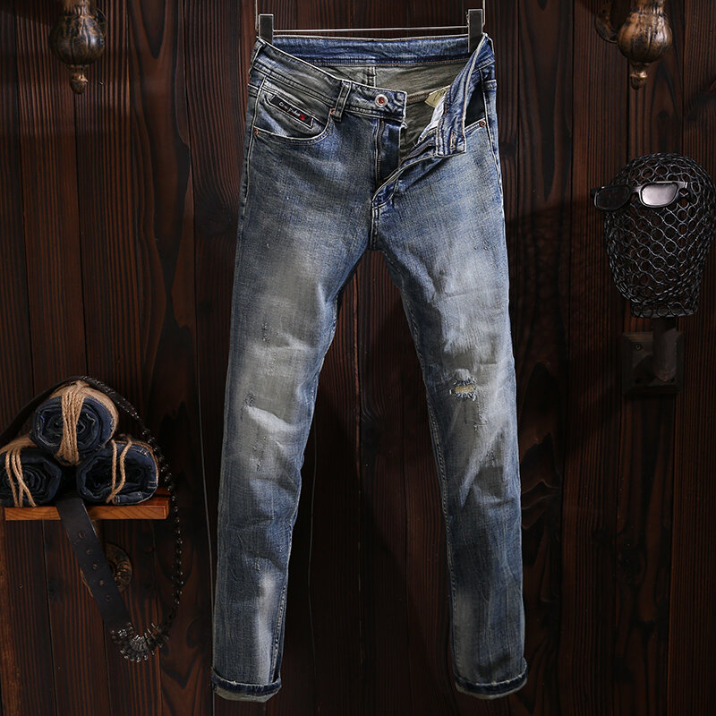 อิตาเลี่ยนสไตล์ผู้ชายแฟชั่นกางเกงยีนส์ Retro Blue Elastic Slim Fit กางเกงยีนส์แต่งลายขาดๆผู้ชาย Vintage Casual Designer กางเกงยีนส์ Hombre