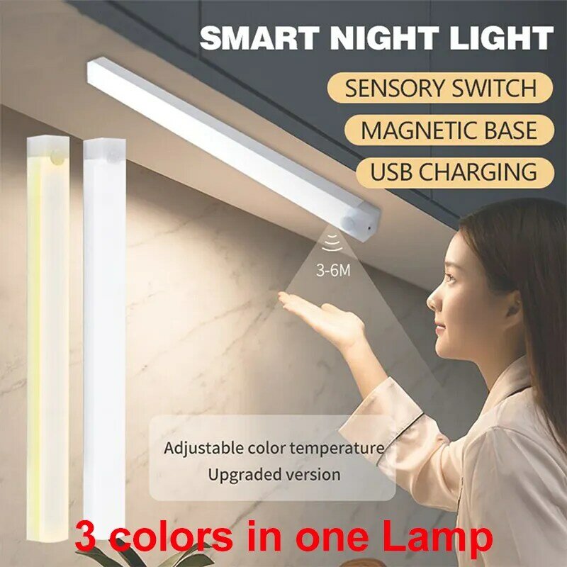 Bewegingssensor Licht Nachtlampje Usb Oplaadbare Lamp Kast Kast Lamp Trap Achtergrondverlichting Voor Keuken 3 Kleuren In Één Lamp