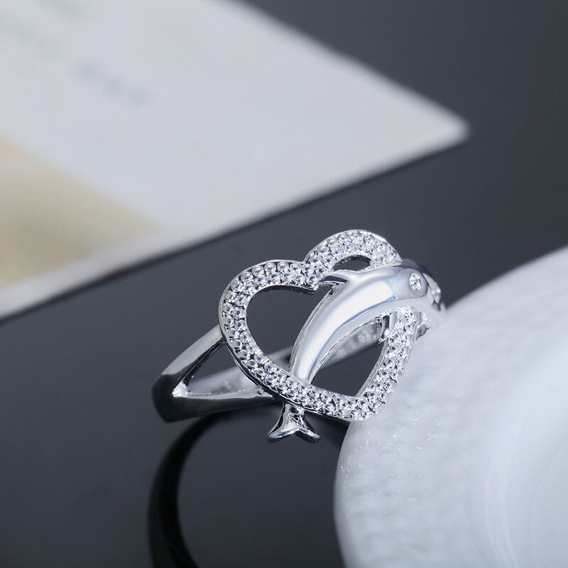 925 Sterling Silver Anéis finos para mulheres, golfinhos do amor, coração, presentes de festa de casamento, jóias elegantes para casal, alta qualidade