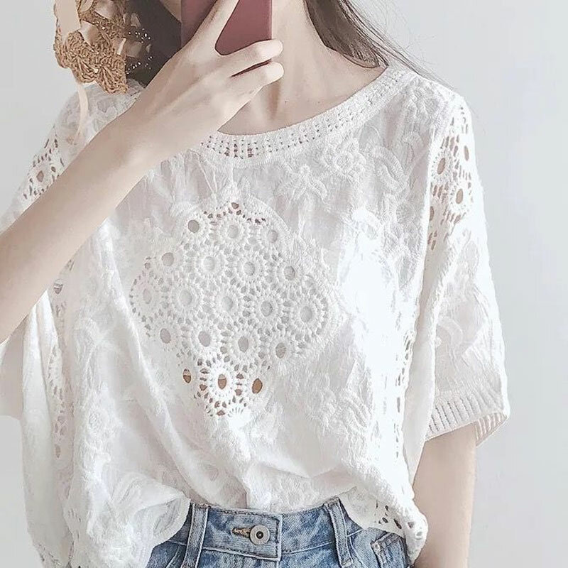 Mori estilo menina cor sólida blusa solta 2023 moda verão oco para fora casual em torno do pescoço roupas femininas rendas camisa all-match