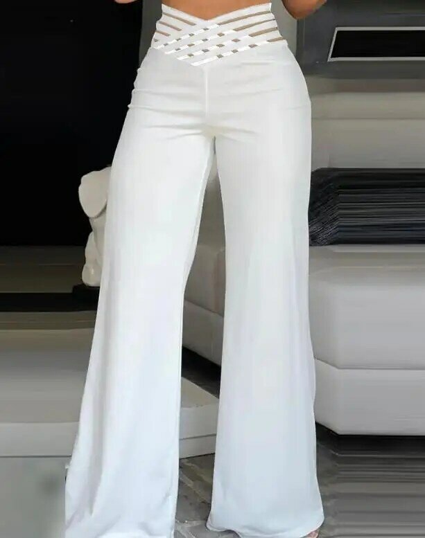 Spodnie dla kobiet 2024 wiosenny jednolity kolor krzyżuje się z przezroczysta siateczka naszywką spodnie z wysokim stanem najnowsze codzienne rozkloszowane spodnie z wysokim stanem