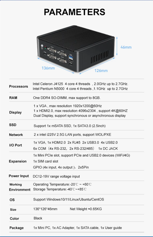 Mini pc sin ventilador Intel Celeron J4125 Pentium Silver N5000 2xgbe LAN 6xcom RS232/RS485 compatible con SIM 4G LTE Linux Ubuntu GPIO Expand