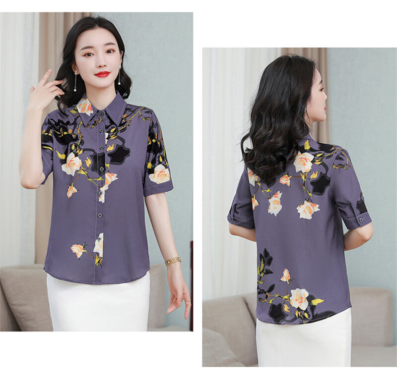 Blusas de gasa con estampado Floral Vintage para mujer, camisa de manga corta de satén, 2024
