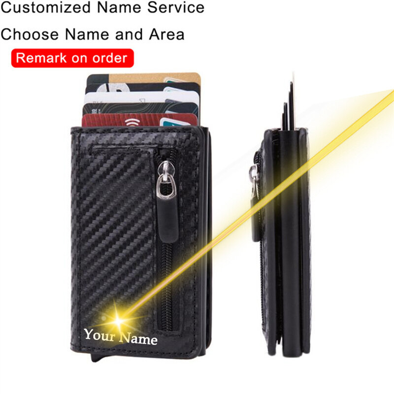 Bycobecy-tarjetero de fibra de carbono con nombre personalizado para hombre, billetera de cuero con cremallera, caja de aluminio, billetera inteligente antirrobo RFID