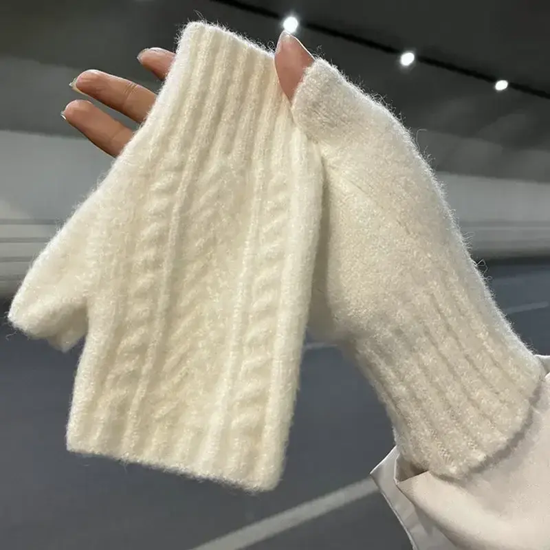 Gants unisexes en laine à demi-doigts pour femmes, gants de bras doux et chauds, mitaines d'hiver