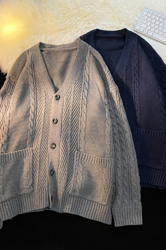 Cardigan masculino de malha de algodão com botões, suéter masculino, casaco casual, outono, inverno, coreano, caseiro, X26