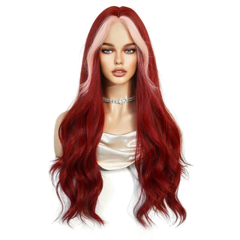 NAMM Long Wavy Middle Part Wine Red Wig for Women Daily Cosplay Party Synthetic Highlight Pink Hair Wigs Lolita Heat Resistant