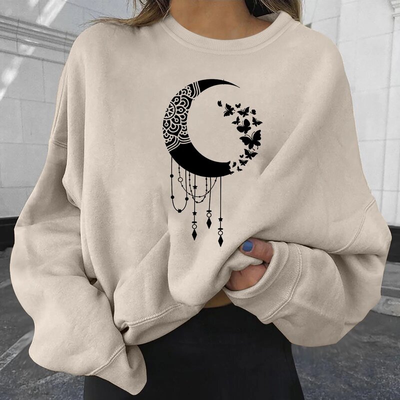 Забавный Женский пуловер в стиле Харадзюку в стиле 90-х с принтом Луны, однотонный Женский свитшот без косточек с мультяшным графическим принтом Y2k, повседневный женский топ
