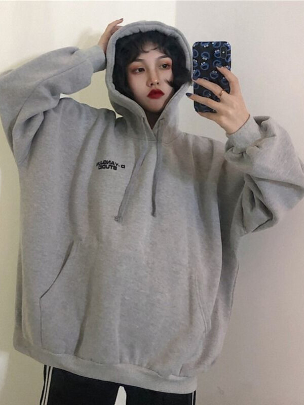 Deeptown Korean Fashion Oversized Hoodies Women Harajuku Hip Hop Solid Loose Sweatshirts Autumn Winter Fleece Tops Gothic Grunge