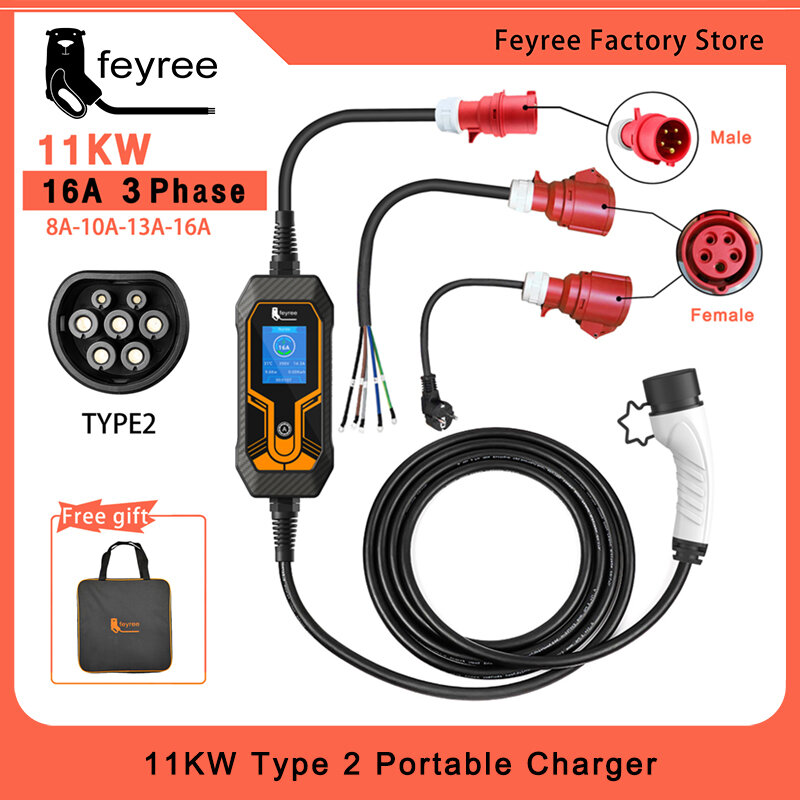 Feyree pengisi daya portabel 11KW 16A 3 fase EV, kotak pengisi daya kabel 5M tipe 2 colokan CEE untuk kendaraan listrik